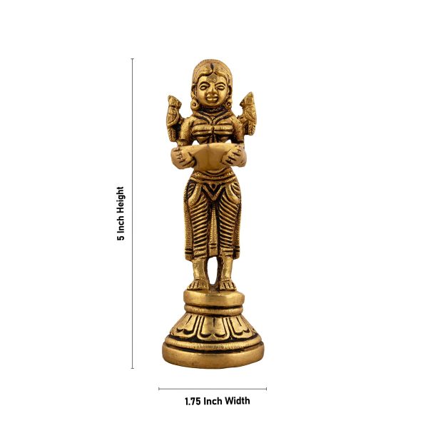 Welcome Lady With Lamp - 5 x 1.75 Inches | Antique Brass Lamp  Standing Lady With Deepam for Pooja  410 Gms on Sale