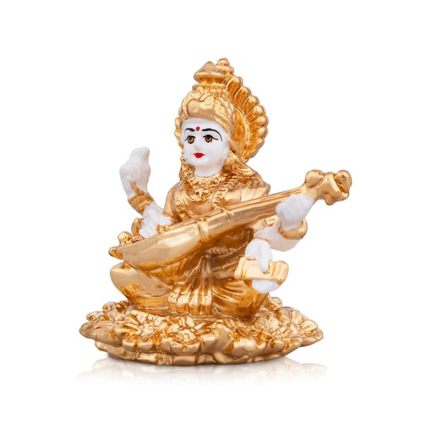 Saraswati Murti - 3 x 2.5 Inches | Metal Gold Polish Saraswathy Idol  Sitting Saraswati Moorti for Pooja Supply