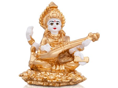 Saraswati Murti - 3 x 2.5 Inches | Metal Gold Polish Saraswathy Idol  Sitting Saraswati Moorti for Pooja Supply