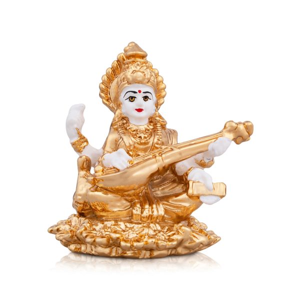 Saraswati Murti - 3 x 2.5 Inches | Metal Gold Polish Saraswathy Idol  Sitting Saraswati Moorti for Pooja Supply