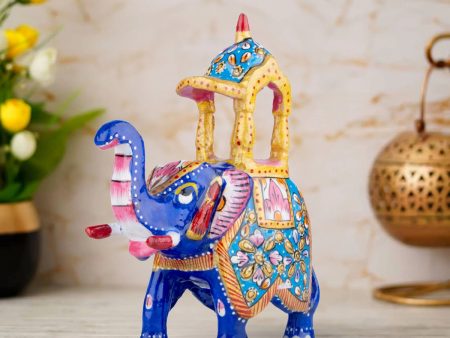 Elephant Statue - 4 x 4.5 Inches | Aluminium Ambari Elephant  Painted Elephant Sculpture for Home Decor Online