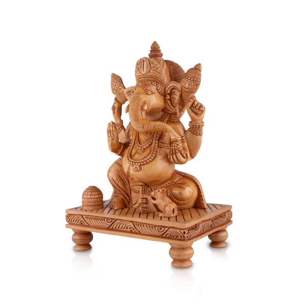 Ganesh Murti - 8 x 6 Inches | Wooden Statue  Ganapati Idol Sitting On Chowki  Vinayagar Statue for Pooja For Sale