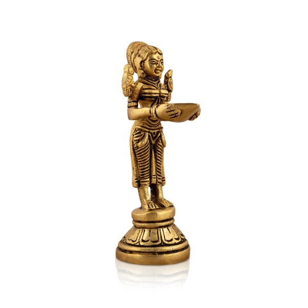 Welcome Lady With Lamp - 5 x 1.75 Inches | Antique Brass Lamp  Standing Lady With Deepam for Pooja  410 Gms on Sale