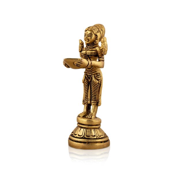 Welcome Lady With Lamp - 5 x 1.75 Inches | Antique Brass Lamp  Standing Lady With Deepam for Pooja  410 Gms on Sale