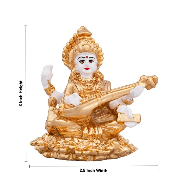 Saraswati Murti - 3 x 2.5 Inches | Metal Gold Polish Saraswathy Idol  Sitting Saraswati Moorti for Pooja Supply