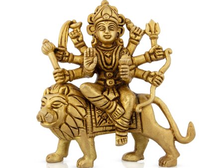 Durga Idol Sitting On Lion - 4.5 x 4 Inches | Antique Brass Idol  Durga Murti With Eight Hands for Pooja Online Sale