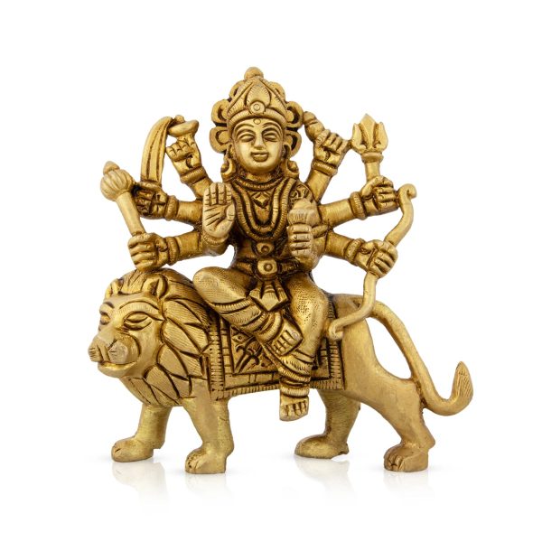 Durga Idol Sitting On Lion - 4.5 x 4 Inches | Antique Brass Idol  Durga Murti With Eight Hands for Pooja Online Sale