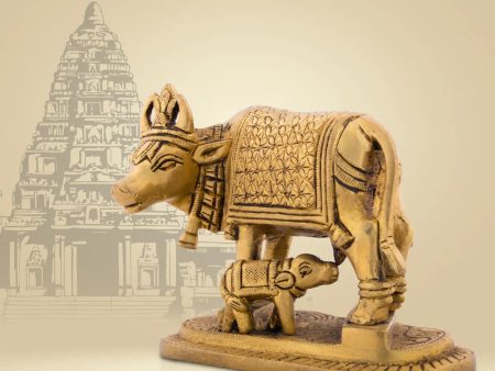 Cow With Calf Idol - 4 x 4.75 Inches | Antique Brass Idol  Kamdhenu Cow With Calf for Pooja  980 Gms Approx Online Sale