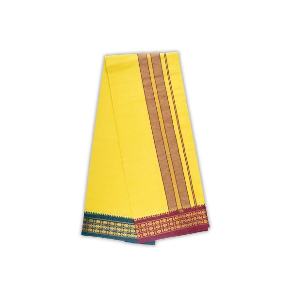 Veshti - 2 Mtrs | 3 Line Rudraksha Border Dhoti  Lemon Yellow Colour Vesti for Men Online