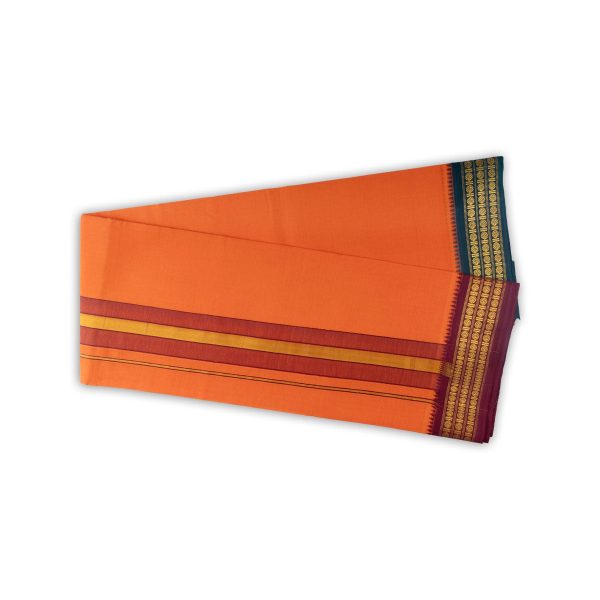 Veshti - 2 Mtrs | 3 Line Rudraksha Border Dhoti  Dark Orange Colour Vesti for Men Online Hot Sale