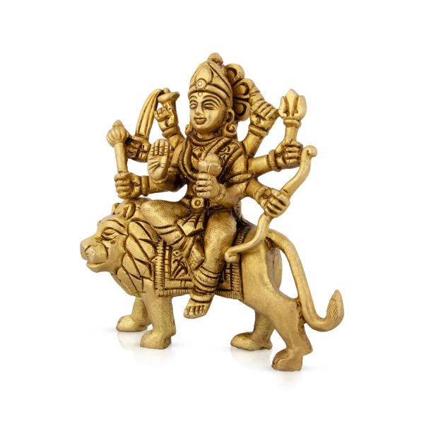 Durga Idol Sitting On Lion - 4.5 x 4 Inches | Antique Brass Idol  Durga Murti With Eight Hands for Pooja Online Sale