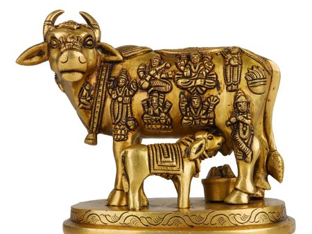 Cow With Calf Idol - 6.5 x 6 Inches | Antique Brass Idol  Kamdhenu Cow With Calf Statue for Home  2.180 Kgs on Sale