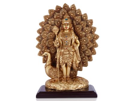 Murugan Statue With Peacock - 11 x 7 Inches | Resin Statue  Gold Polish Standing Kartikeya Statue for Pooja For Sale