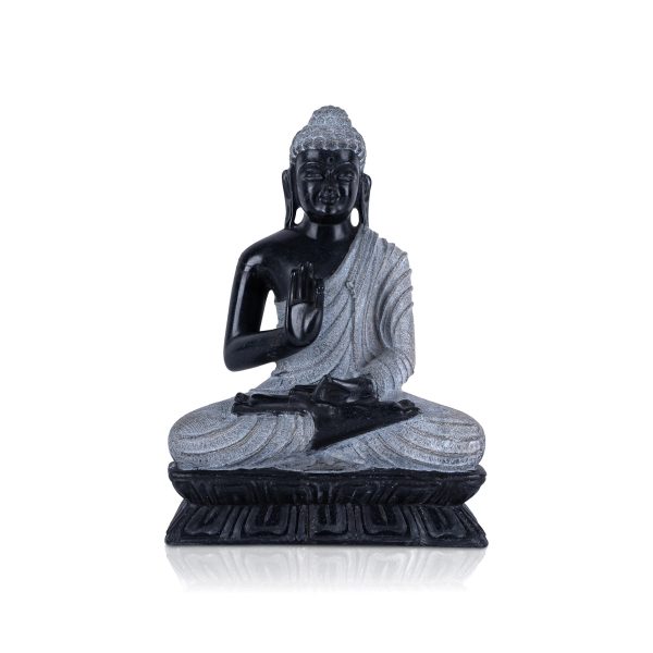 Buddha Statue Sitting On Flower Base - 10 x 7 Inches | Marble Murti  Black Stone Polish Buddha Murti for Pooja Online Sale