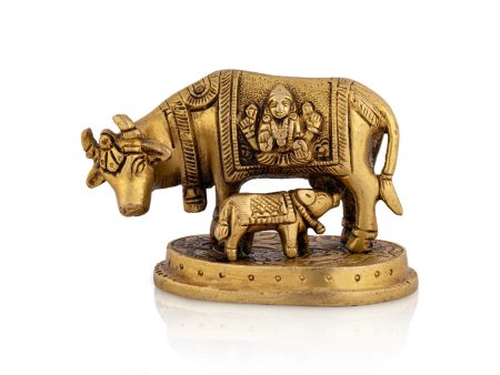 Cow Calf Idol With Base - 3 x 3.5 Inches | Antique Brass Kamdhenu Cow With Calf for Pooja  540 Gms Approx Hot on Sale