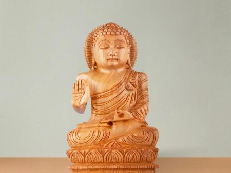 Buddha Statue - 8 x 4.5 Inches | Wooden Statue  Buddha Idol Sitting On Flower Base  Buddha Murti for Pooja Cheap