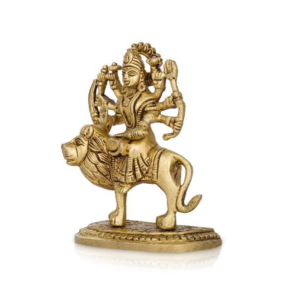 Durga Idol Sitting On Lion With Base - 3.5 x 2.5 Inches | Antique Brass Idol  Durga Murti With 8 Hands for Pooja Online now