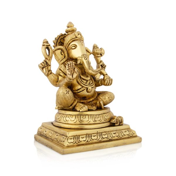 Ganesh Murti Sitting On Chowki - 6 x 4 Inches | Antique Brass Idol  Ganpati Murti for Pooja  1.970 Kgs Discount