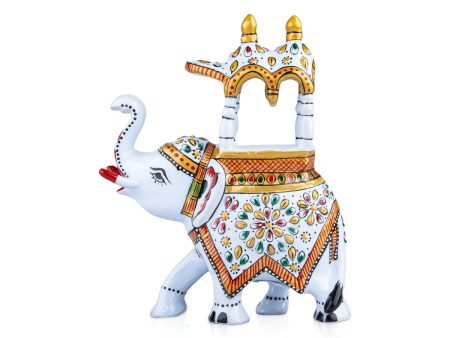 Elephant Statue - 6 x 5.5 Inches | Aluminium White Ambari Elephant  Painted Elephant Sculpture for Home Decor For Cheap