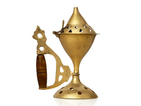 Dhoop Stand With Wooden Handle - 5 x 3.5 Inches | Brass Sambrani Stand With Lid  Dhoop Batti Stand for Pooja on Sale