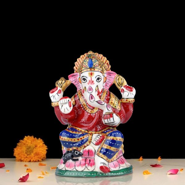 Ganesh Murti - 4 x 3 Inches | Aluminium Vinayagar Statue  Sitting Ganesha Statue  Painted Ganpati Murti for Pooja Online Sale