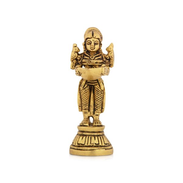 Standing Lady Deepam - 4 x 1.5 Inches | Antique Brass Vilakku  Brass Lamp for Pooja  240 Gms Approx Cheap