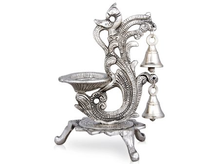 Peacock Design Lamp With Bell - 7 x 5 Inches | Silver Polish Vilakku With Base  Fancy Deepam for Home  235 Gms Online Hot Sale