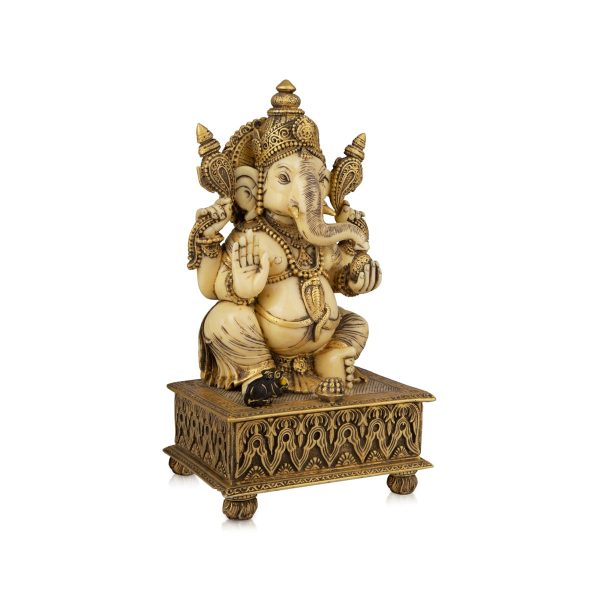 Ganesh Murti - 10 x 6 Inches | Marble Dust Murti  Gold Antique Polish Ganapati Idol Sitting On Chowki for Pooja Online