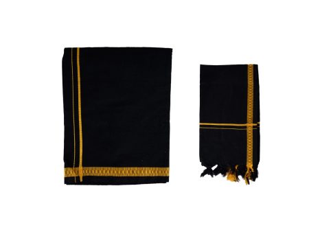 Veshti And Angavastram Set - 2 x 1 Mtr | Black Colour & Pentex Border Vesti & Mudi Design Towel for Men Online Hot Sale