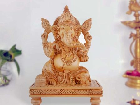 Ganesh Murti - 8 x 6 Inches | Wooden Statue  Ganapati Idol Sitting On Chowki  Vinayagar Statue for Pooja For Sale