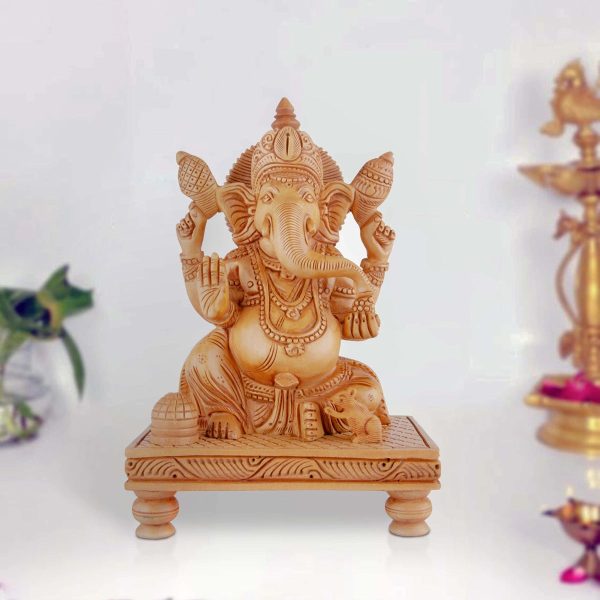 Ganesh Murti - 8 x 6 Inches | Wooden Statue  Ganapati Idol Sitting On Chowki  Vinayagar Statue for Pooja For Sale