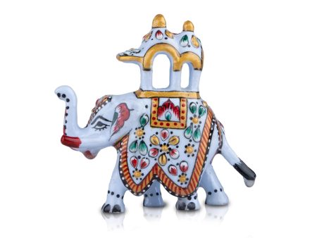 Elephant Statue - 3 x 3.5 Inches | Aluminium White Ambari Elephant  Painted Elephant Sculpture for Home Decor For Cheap