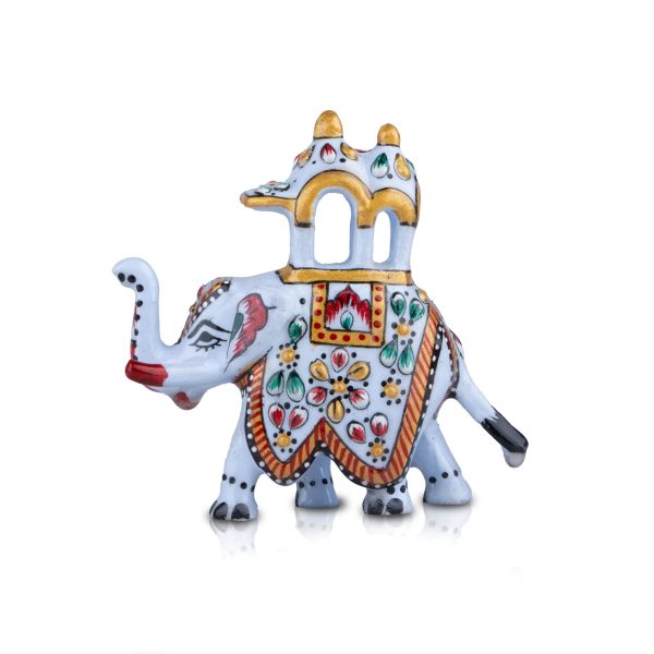 Elephant Statue - 3 x 3.5 Inches | Aluminium White Ambari Elephant  Painted Elephant Sculpture for Home Decor For Cheap