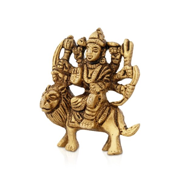 Durga Idol Sitting On Lion With 8 Hands - 2.5 x 2.5 Inches | Antique Brass Idol  Durga Statue for Pooja  120 Gms Discount