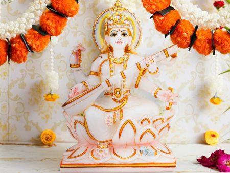 Saraswati Murti - 8 x 5.5 Inches | Marble Murti  Painted Saraswati Idol for Pooja Discount